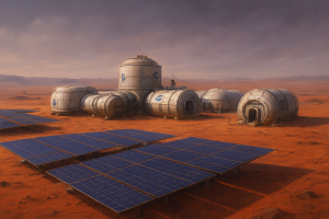 Wide landscape illustration of the first Bootstrap Age crewed habitat cluster on the Amazonis Planitia plain, showing cylindrical modules, extended solar arrays, and suited figures under a violet-grey Martian sky