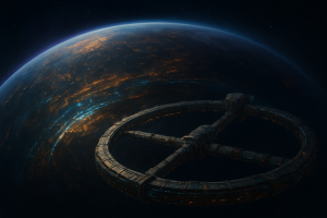 Night-side orbital view of Keth Prime showing equatorial megacity light arcs, polar industrial glow, and the segmented Keth Ring habitat chain curving across the foreground