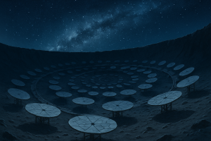 The Daedalus Basin radio telescope array on the lunar far side, surrounded by the crater's natural shielding walls under a star-filled sky