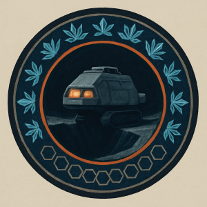 Heraldic emblem of the Shackleton Ice Mining Cooperative: a bore-sled silhouette descending into a shadowed crater, encircled by cyan ice-crystal motifs and an orange trim band on a deep charcoal ground.