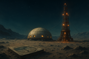 Survey Station Pallas-Alpha with drill derrick and dome on the surface of asteroid Pallas, starfield behind