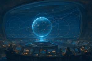 Operators at curved consoles monitor cis-lunar traffic trajectories beneath a holographic orbital orrery at the Tranquility Coordination Hub