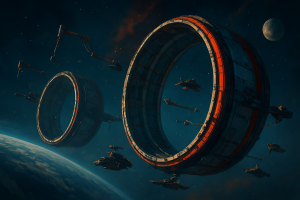 Fusion tugs and construction drones assembling the cylinder shells of Ring Seven against a backdrop of Earth and deep space