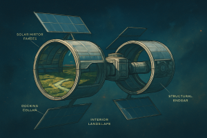 Cutaway schematic of O'Neill Habitat Ring Seven showing paired cylinders, solar mirror array, agricultural bands, and docking collar ring