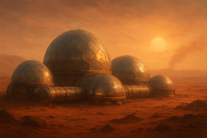 Five interlocked geodesic domes of the Ares Prime Dome Complex on a Martian plain at sunrise