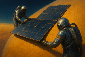 Technicians installing photovoltaic panels on the aerostat envelope in Venus orbit during assembly, 2101 CE
