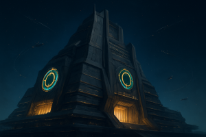 Exterior concept art of the Stellar Consortium's High Parliament complex at Solara Reach, a vast titanium-and-carbon arcology on an orbital platform, its facades marked by mnemonic gold and teal jump-gate ring emblems under cool floodlighting against deep void.