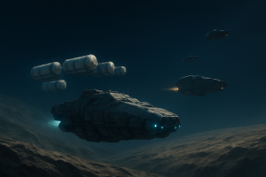 Low-angle cinematic matte-painting of the armed escort cutter HSC Meridian interposing between Shackleton Convoy Alpha-1's seven ice-hauler tugs and the Syndicate corvette VPS Irongate above Vesta's rocky limb, with the corvette's stern showing thruster-damage flare.