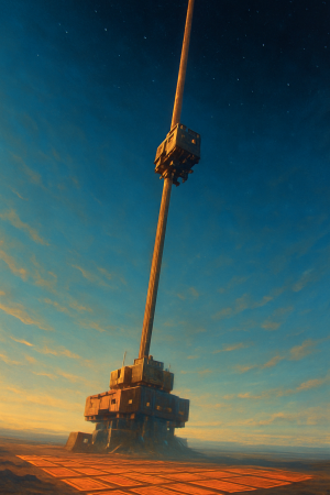 Cargo climber ascending the Clarke Orbital Assembly Ladder tether above an equatorial ground station at sunrise
