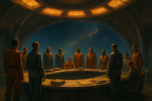 Delegates in colonial attire gathered inside Occator Administrative Dome on Ceres for the Charter ratification ceremony, 2188 CE