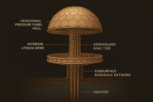 Cross-section schematic of the Ares Prime primary dome showing hull layers, greenhouse ring, atrium spire, and aquifer boreholes