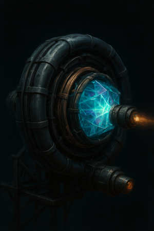 Cutaway illustration of a Lattice Drive assembly showing a glowing teal-violet crystalline mnemonic core of precursor manufacture clamped within hand-wound copper resonance induction coils, surrounded by dark gunmetal toroidal acceleration stacks and an amber-glowing fusion torch manifold, set against deep void black.